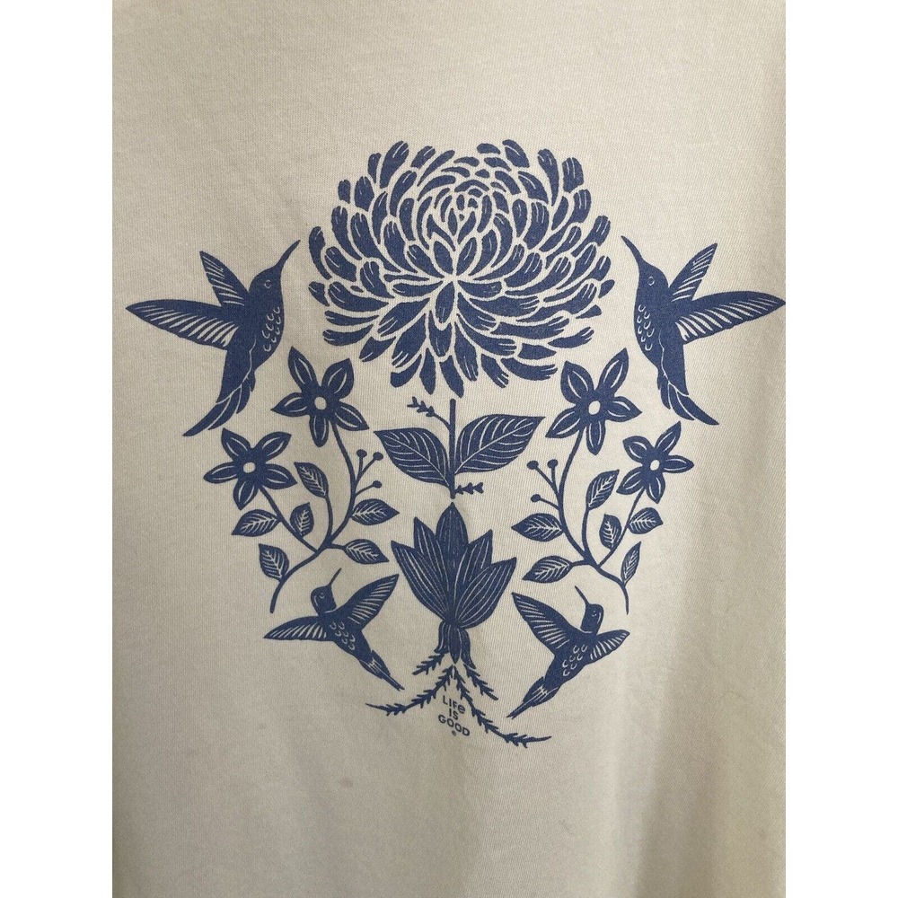 Life Is Good Women’s Ivory Crusher Lite Hummingbird Floral T Shirt, Small